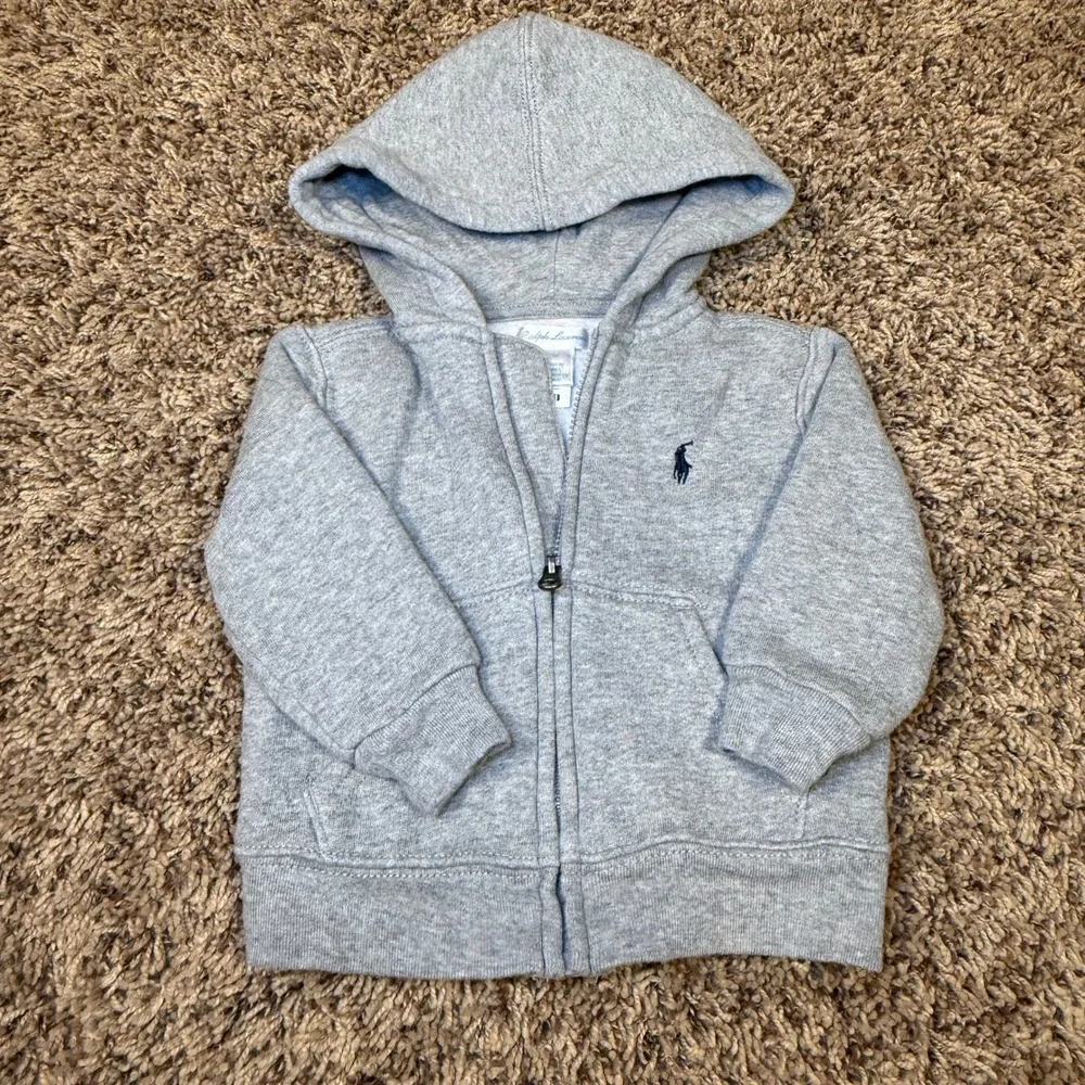 Ralph Lauren Baby Boys Heather Gray Full‎ Zip Fleece Hoodie 9M Pony Logo